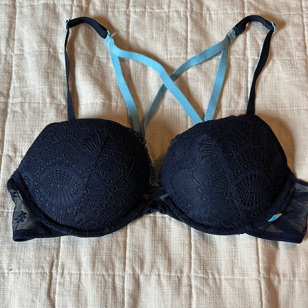 Victoria's Secret Navy and Light Blue Lace Push-Up Bra